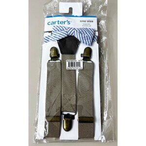 Carters Toddler Blue White Striped Bow Tie & Tan Suspender Set RV $24 New